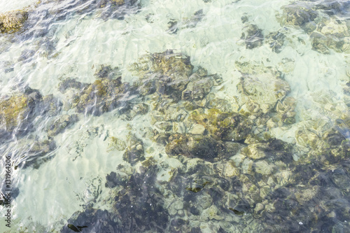 Rocks by the sea with waves of the Mediterranean sea next to the