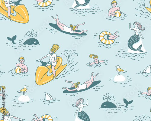 People actively relax, swim in the sea. Summer sea vacation illustration. Vector seamless pattern.