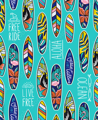 Canvas Print Seamless vector pattern with bright surfboards and stylish phrases on the blue background