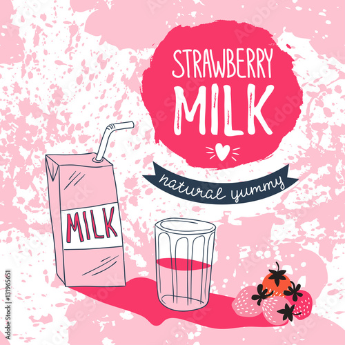 Strawberry milk graphic design, vector illustration with stylish milk box, glass and pink berry. Strawberry card with stylish lettering on the watercolor splashes background.