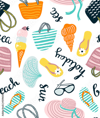 Summer seamless pattern with beach accessories isolated on the white background. Vector hand drawn illustration with stylish lettering.