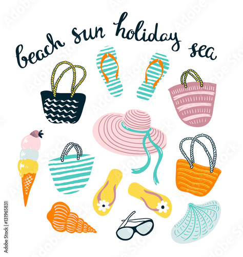 Summer set with beach accessories isolated on the white background. Vector hand drawn illustration with stylish calligraphy.