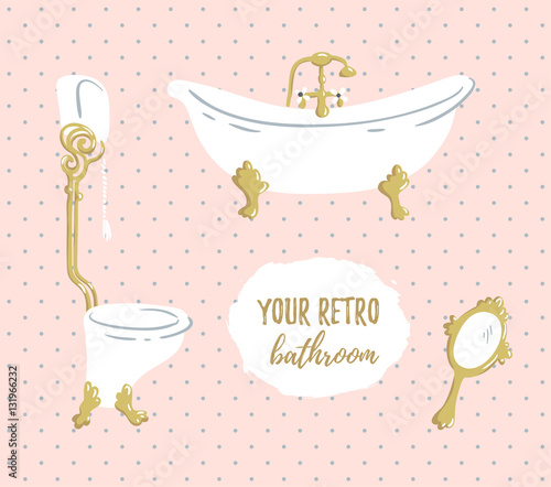 Luxurious Bathroom. Vector bathroom doodles in vintage, boudoir style.