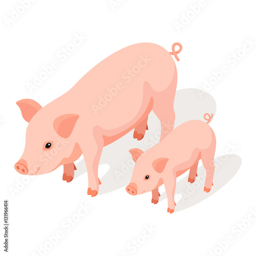 Isometric 3d vector illustration of small and large pig