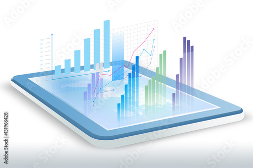 Raport biznesowy i analiza finansowa - wizualizacja przestrzenna na tablecie.