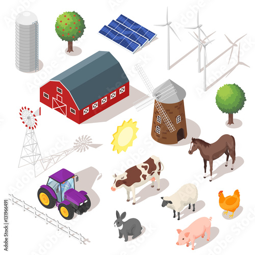 Isometric 3d vector farm set. Farm animals