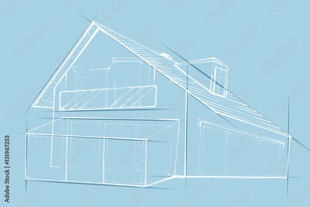 Dom mieszkalny wolnostojący. Szkic architektoniczny budynku na jasno niebieskim tle. - obrazy, fototapety, plakaty 