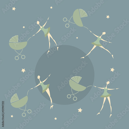 Four dancing girls in green dresses on green background with strollers under the starry sky.