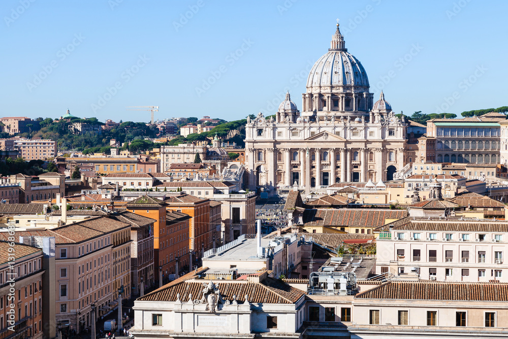 view of St Peter Basilica in Vatican and street