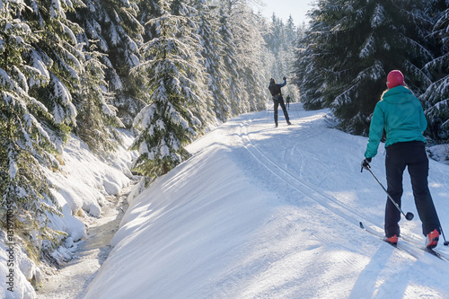 Billede på lærred Cross-country skiers running a groomed ski trail