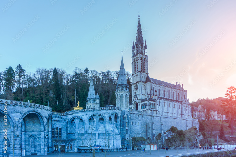 Rosary Basilica in the evening, Lourdes, Hautes-Pyrenees, France