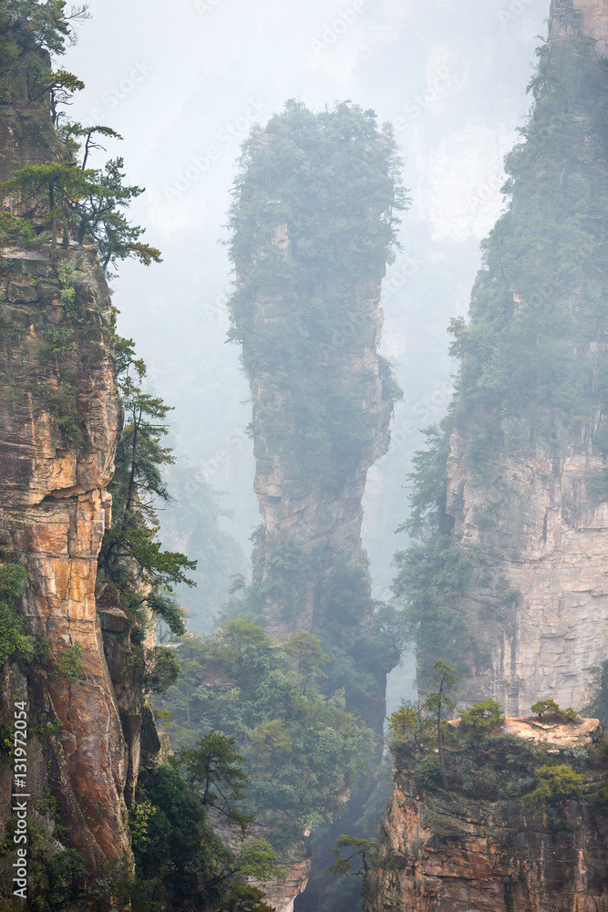 Single rock column mountain (Avatar rocks) in the mist. Zhangjiajie ...
