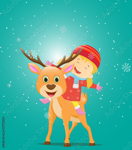 illustration of Happy kids riding a reindeer 