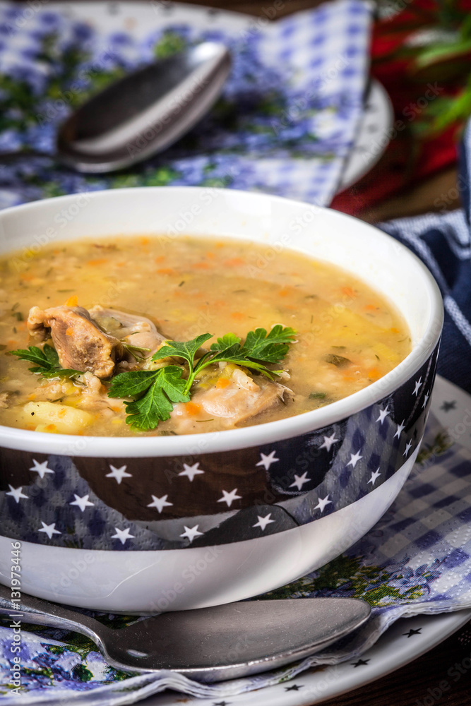 Soup with barley and chicken gizzards. Soup with barley and chicken gizzards.