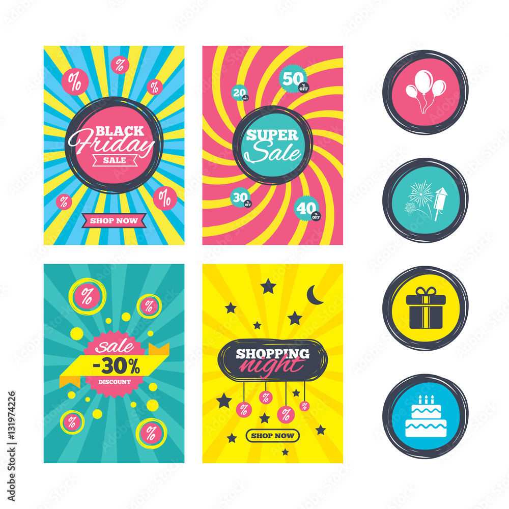 Birthday party icons. Cake and gift box symbol.