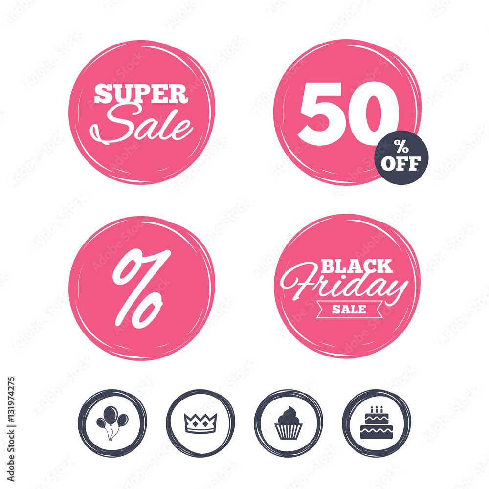 Birthday party icons. Cake and cupcake symbol. Birthday party icons. Cake and cupcake symbol.