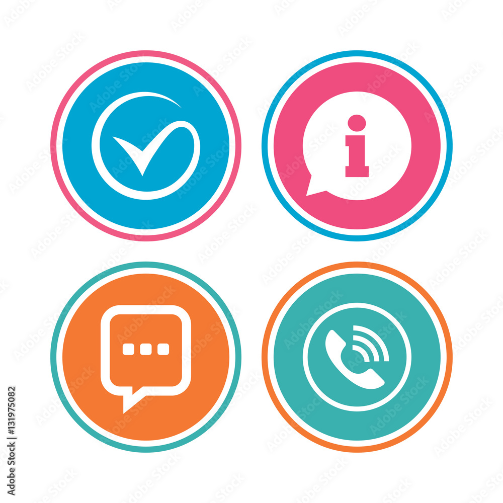 Check or Tick. Phone call and Information sign. Check or Tick. Phone call and Information sign.