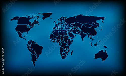 World map on a blue background. Continents of the planet with a marking of the countries.