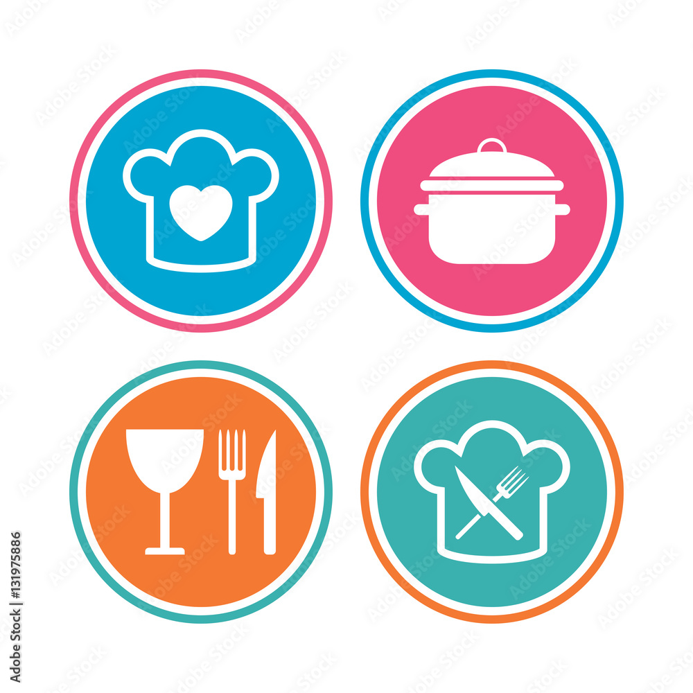 Chief hat, cooking pan icons. Fork and knife. Chief hat, cooking pan icons. Fork and knife.