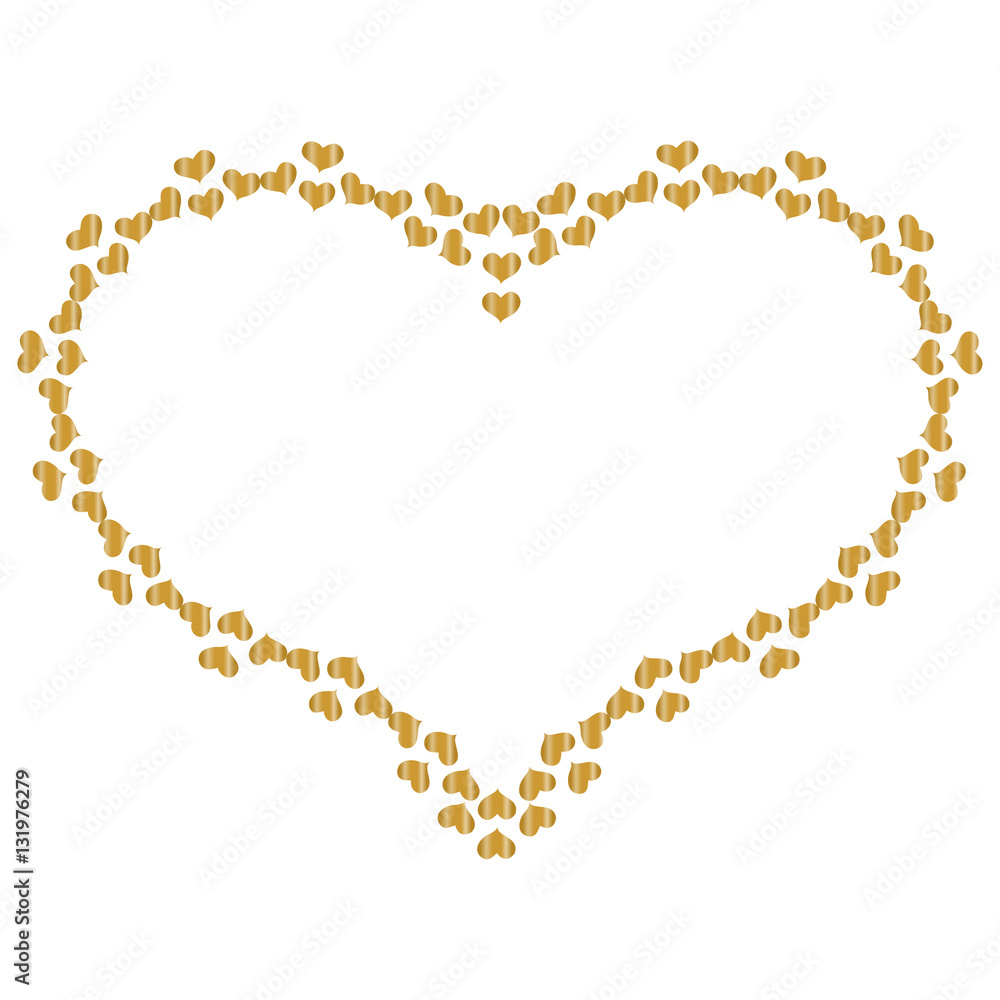 frame in the shape of heart of small gold hearts, isolated on white background