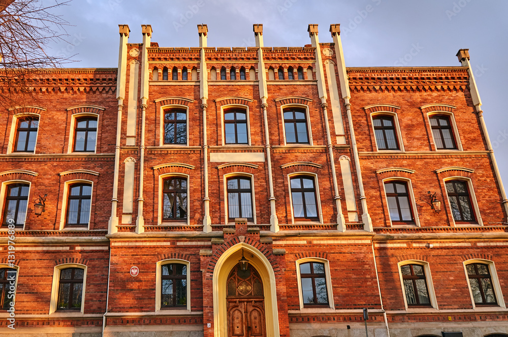 Facade clinker brick townhouse in Jawor in Poland.