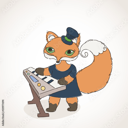 Gothic foxy musician with synthesizer. Music doodle animal.