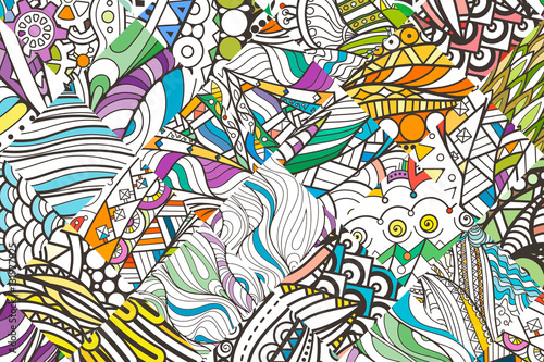 Patched doodle background pattern. Design ornate  tribal pattern. Simple colored background for coloring.