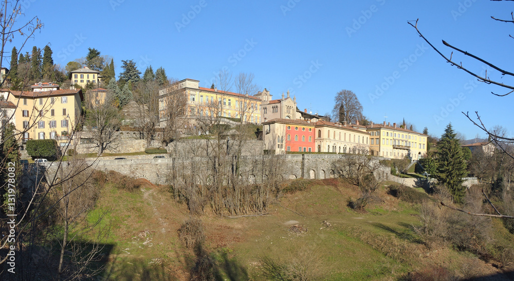 Bergamo - Old city (Citta Alta). One of the beautiful city in Italy. Lombardia. Landscape from Colle Aperto place during a wonderful blue day.