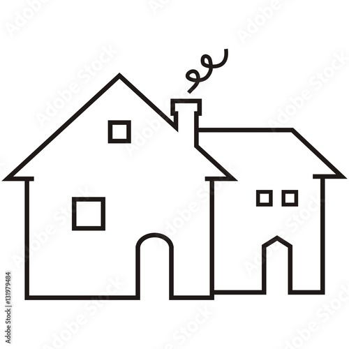 Guesthouse with smokestack, doors and windows. Compartmentalized house. Black outline. Vector icon.