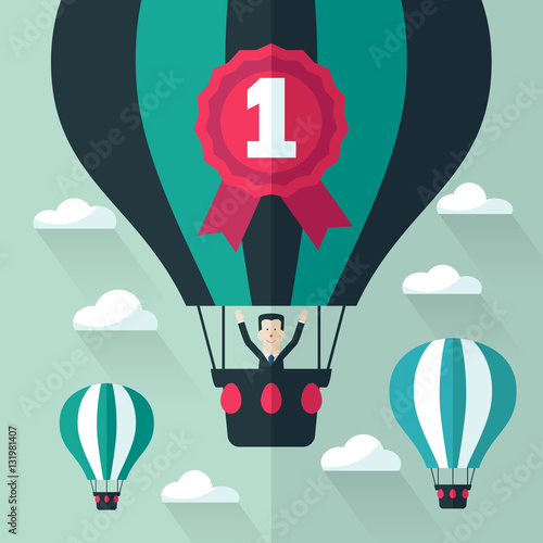 Businessman in a hot air balloon. Success, growing and competition vector illustration
