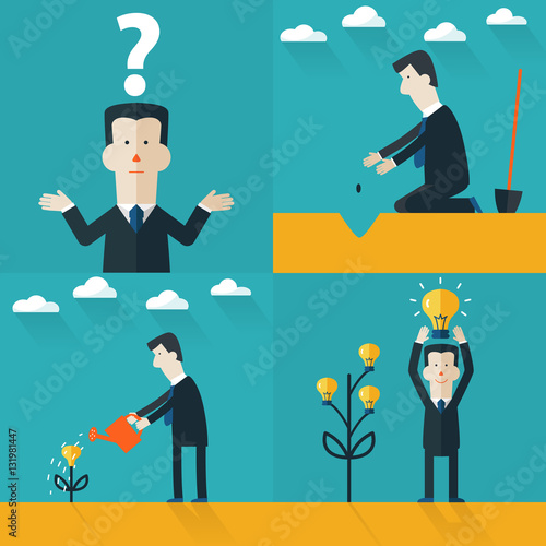 Start up vector concept with light bulb. Business aims and smart solutions