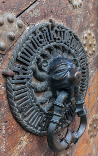 Lion Head Door Knocker, Ancient bronze handles on old oak