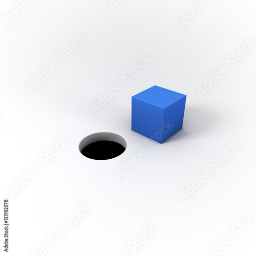 3D Illustrated Blue Square Peg and Round Hole on a Bright White Background