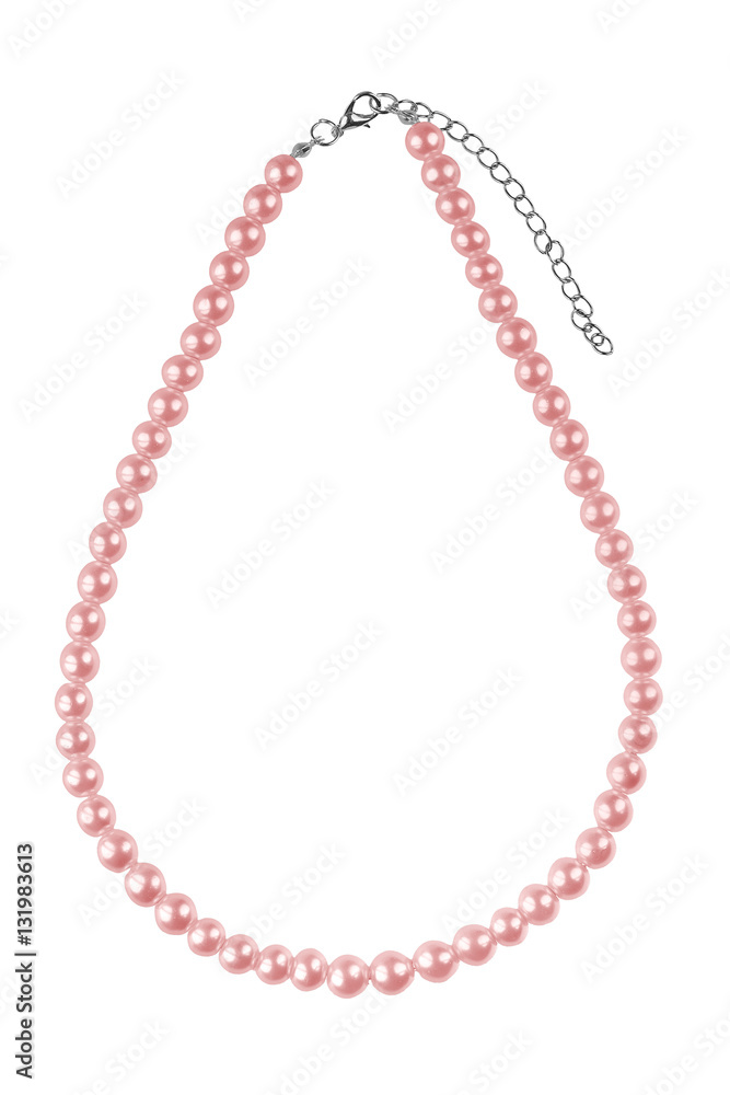 Pale red big elegant necklace made of medium-sized round beads like pearls, isolated on white background, clipping path included Pale red big elegant necklace made of medium-sized round beads like pearls, isolated on white background, clipping path included