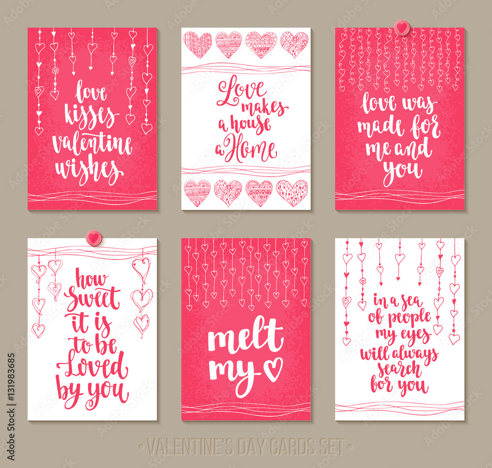 Set Valentine's Day greeting cards with handwritten brush calligraphy and decorative elements. Set Valentine's Day greeting cards with handwritten brush calligraphy and decorative elements.