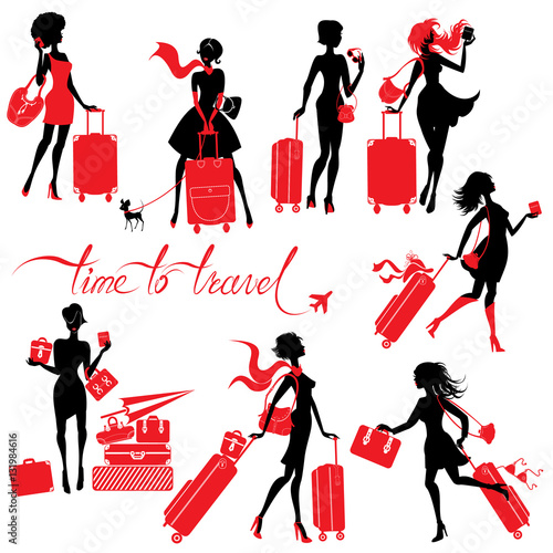 Set  of young elegant woman silhouettes with suitcase isolated o