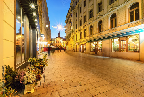 Beautiful street in old town of Brno, decorated by the christmas