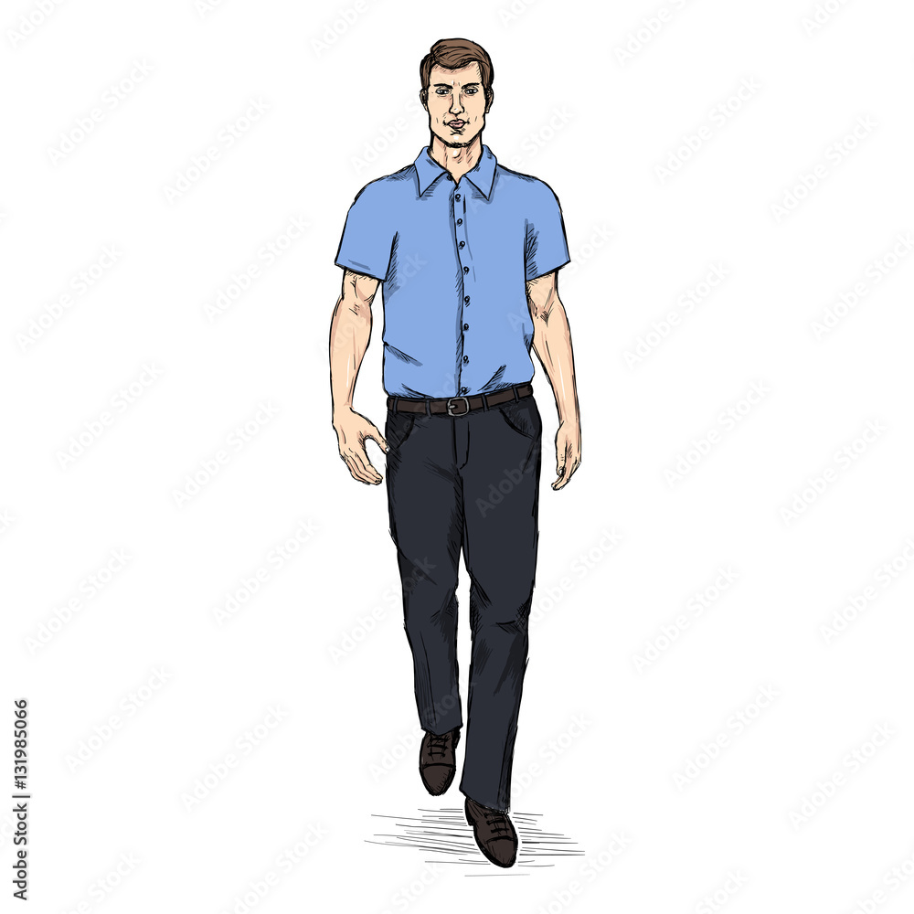 Vector Sketch Men Model in Short Sleeve Shirt. Business dress code Vector Sketch Men Model in Short Sleeve Shirt. Business dress code
