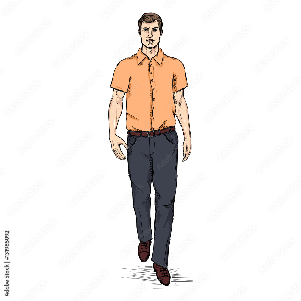 Vector Sketch Men Model in Short Sleeve Shirt. Business dress code