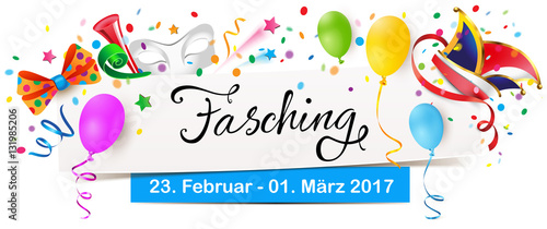 Banner mit bunten Faschingsmotiven, Schriftzug und Datum - Fasching 