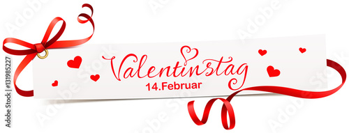 Banner mit roter Schleife, Schriftzug und Termin - Valentinstag, 14. Februar