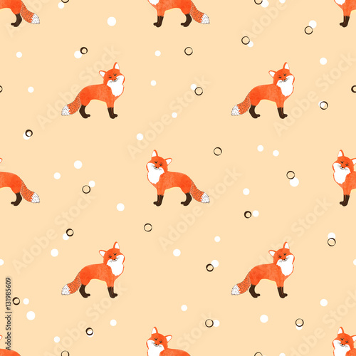 Seamless pattern with cute cartoon watercolor foxes. Vector background.