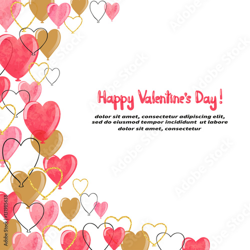 Valentines watercolor hearts balloons border for your design. Vector illustration.