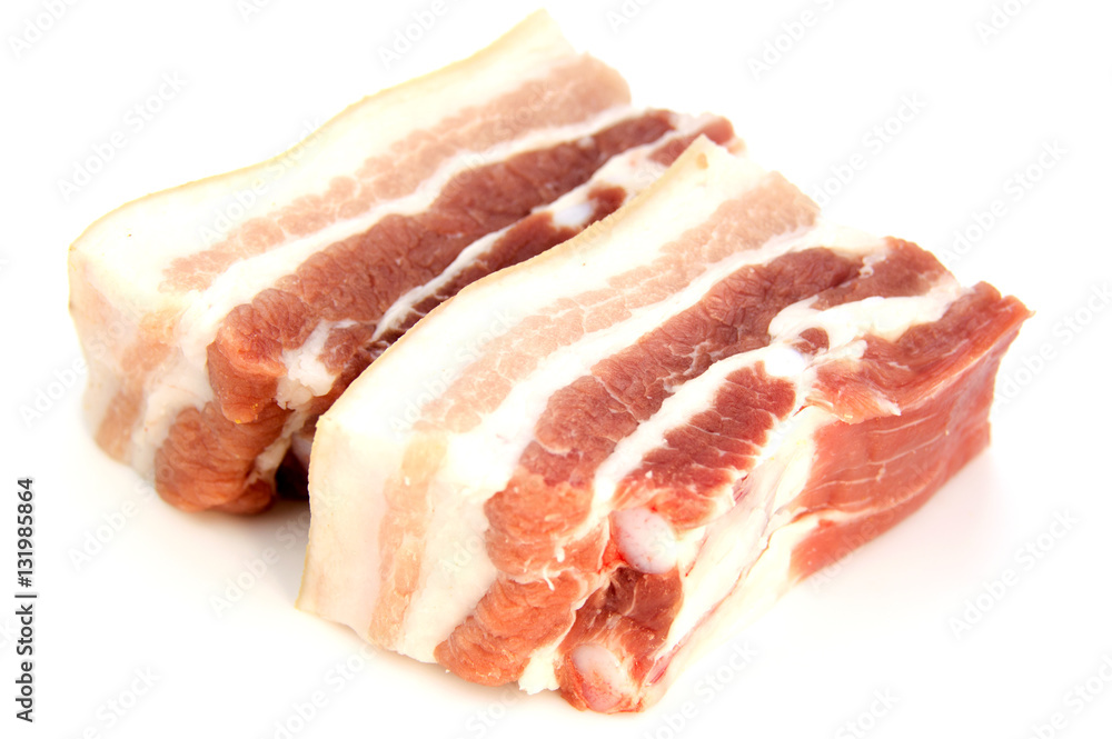 Pork bacon isolated on a white background. pork belly Pork bacon isolated on a white background. pork belly