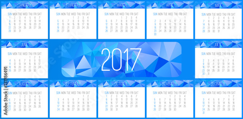 Year 2017 vector monthly calendar. Week starting from Sunday. Contemporary low poly design in blue color.