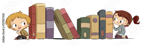 Niños con libros. Lectura de muchos libros