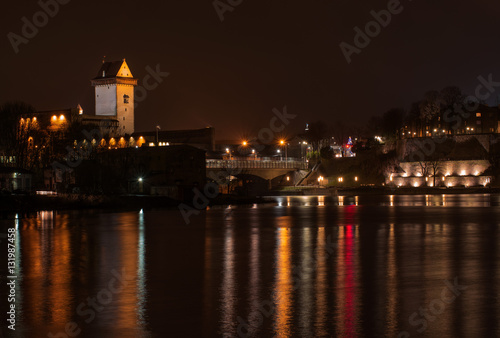 View of Narva Castle  the bridge across the river and promenade from Ivangorod. Estonia.