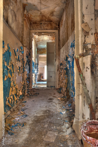Corridor in the abandoned and rotten rural school