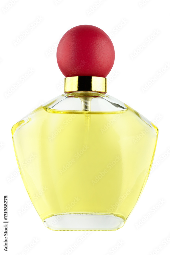 Woman expensive perfume yellow glass bottle with red lid, luxury