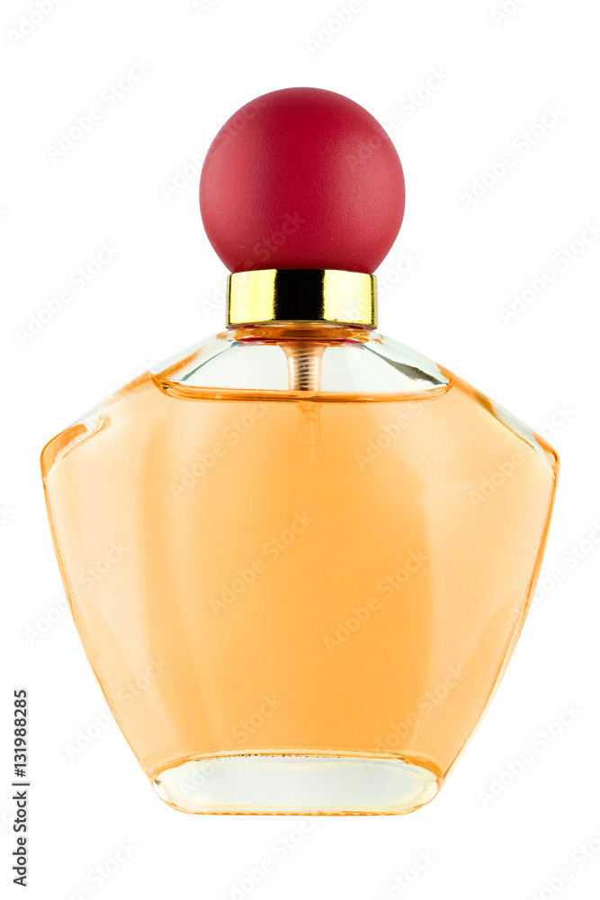 Woman expensive perfume orange glass bottle with red lid, luxury product  isolated on white background, clipping path included Stock Photo